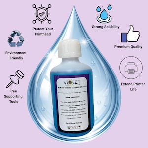 Peut inclure: Une bouteille de solution de nettoyage forte DTF bleue avec un bouchon blanc et une étiquette violette. L'étiquette indique "VIOLET" et "BLUE DTF STRONG CLEANING SOLUTION". La bouteille contient 500 ml de liquide. L'image comprend des icônes.
