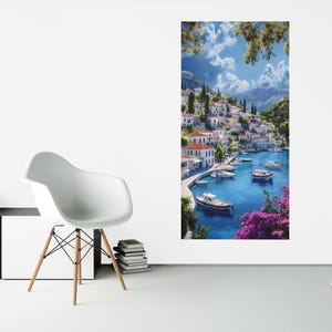 Mediterranean Coastal Village Wall Art | Serene Harbor Boats Poster | Seaside Landscape Art Print | Summer Vibes Home Decor