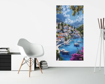 Mediterranean Harbor Art Print: Coastal Village, Summer Home Decor