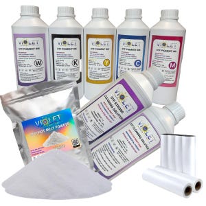 Complete DTF Bundle, 8L Ink CMYK+4L White, 4KG DtF Hot Melt Powder, 2 Rolls Hot Peel Film, 2 Cleaning Solutions, All-in-One DTF Printing Kit