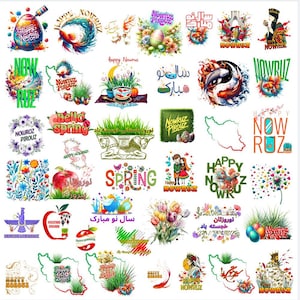 Pode incluir: Uma coleção de ilustrações digitais coloridas com temas do Ano Novo Persa (Nowruz). Os designs incluem ovos, flores, peixes e texto em inglês e farsi, com as palavras "Happy Nowruz" e "Hello Spring".