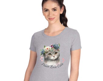 Peace Love Cats  Floral Cat T-Shirt - Adorable Cat Lover Tee with Flower Crown Design