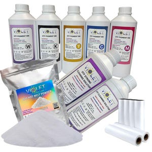 Violet DTF Transfer Film Ink & Powder Set – CMYK + White Ink for Direct to Film Printing – High-Quality Heat Transfer Supplies .