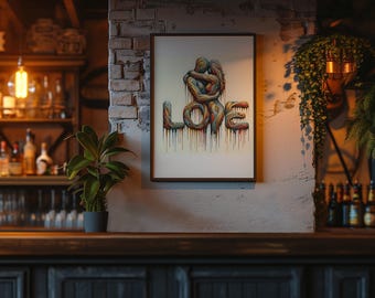 Colorful Abstract Love Wall Art | Modern Dripping Love Poster | Vibrant Couple Hug Art | Romantic Bold Home Decor, with frame