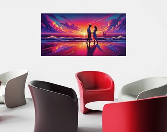 Romantic Couple Sunset Beach Print: AI Enhanced Wall Art