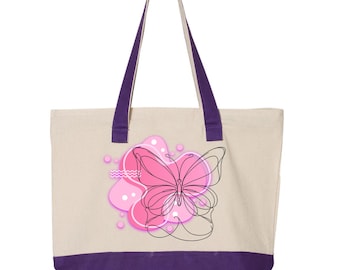 Pink Butterfly Canvas Tote Bag: Elegant Floral Design