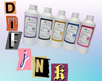 Violet DTF Ink, CMYK + White, Vibrant Pigment, 1000ml Bottles