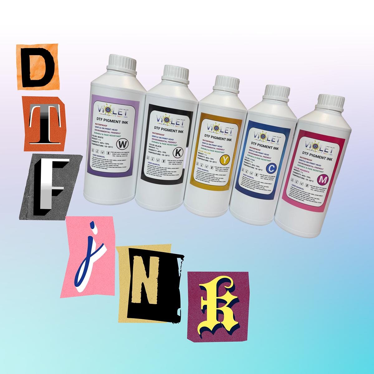 DTF Ink 1000ML (Cmyk + White), Violet Vibrant Pigment Transfer Ink for PET Film, Long-Lasting Colors for All Printers Refilling