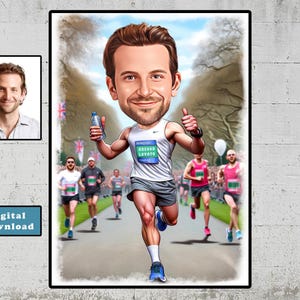 Puede incluir: Una caricatura de una persona corriendo un maratón. La persona lleva una camiseta de correr azul con el texto "Gregor Lovato" en ella. La persona lleva una botella de agua en su mano derecha y sonríe.