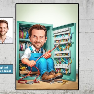 Cartoon Electrician Portrait, Personalized Electrician Gifts, Electrician Caricature, Digital Download