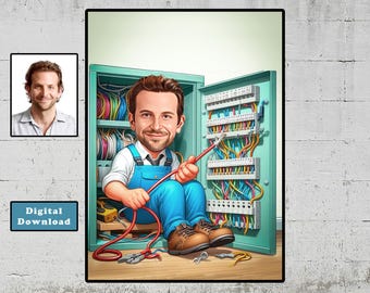 Personalized Electrician Cartoon Portrait: Custom Caricature Gift (Digital Download)