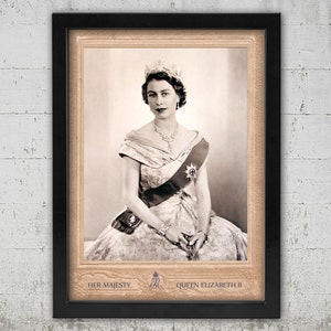 Queen Elizabeth II Vintage Portrait: Framed Canvas Wall Art (12x16 inch)