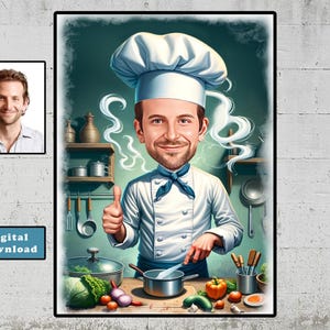 Caricatura de Chef Personalizada, Retrato de Chef em Desenho Animado, Presente de Chef Personalizado, Retrato de Cozinheiro Personalizado de Sua Foto, Gourmet, Presente para Ele
