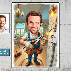 Könnte beinhalten: Eine Karikatur einer Person in blauer und weißer Arbeitskleidung, die eine Zange und einen Draht hält. Die Person steht vor einer Steckdose.