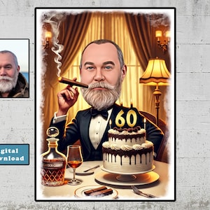 Spersonalizowany portret z kreskówek na 60. urodziny, spersonalizowany rysunek karykatury urodzinowej, zabawna karykatura, prezent dla niego, wszystkiego najlepszego z okazji 40., 50., 60., 70., 60.