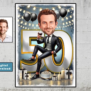 Kundenspezifisches 50. Cartoon-Porträt, personalisierte alles Gute zum Geburtstagkarikatur-Zeichnung, lustige Karikatur, Geschenk für ihn, glückliches 40.50., 60.70