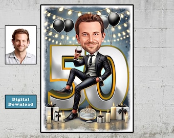 Personalized 50th Birthday Cartoon Portrait: Custom Caricature Gift (Digital Download)