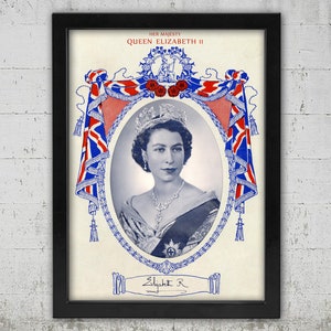 Queen Elizabeth II Vintage Design Framed Canvas Wall Art (12x16 inch)