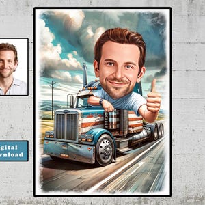 Aangepast cartoonportret vrachtwagenchauffeur, aangepaste karikatuurtekening semi-vrachtwagen van foto, grappige vrachtwagenchauffeur, cadeau voor vrachtwagenchauffeur