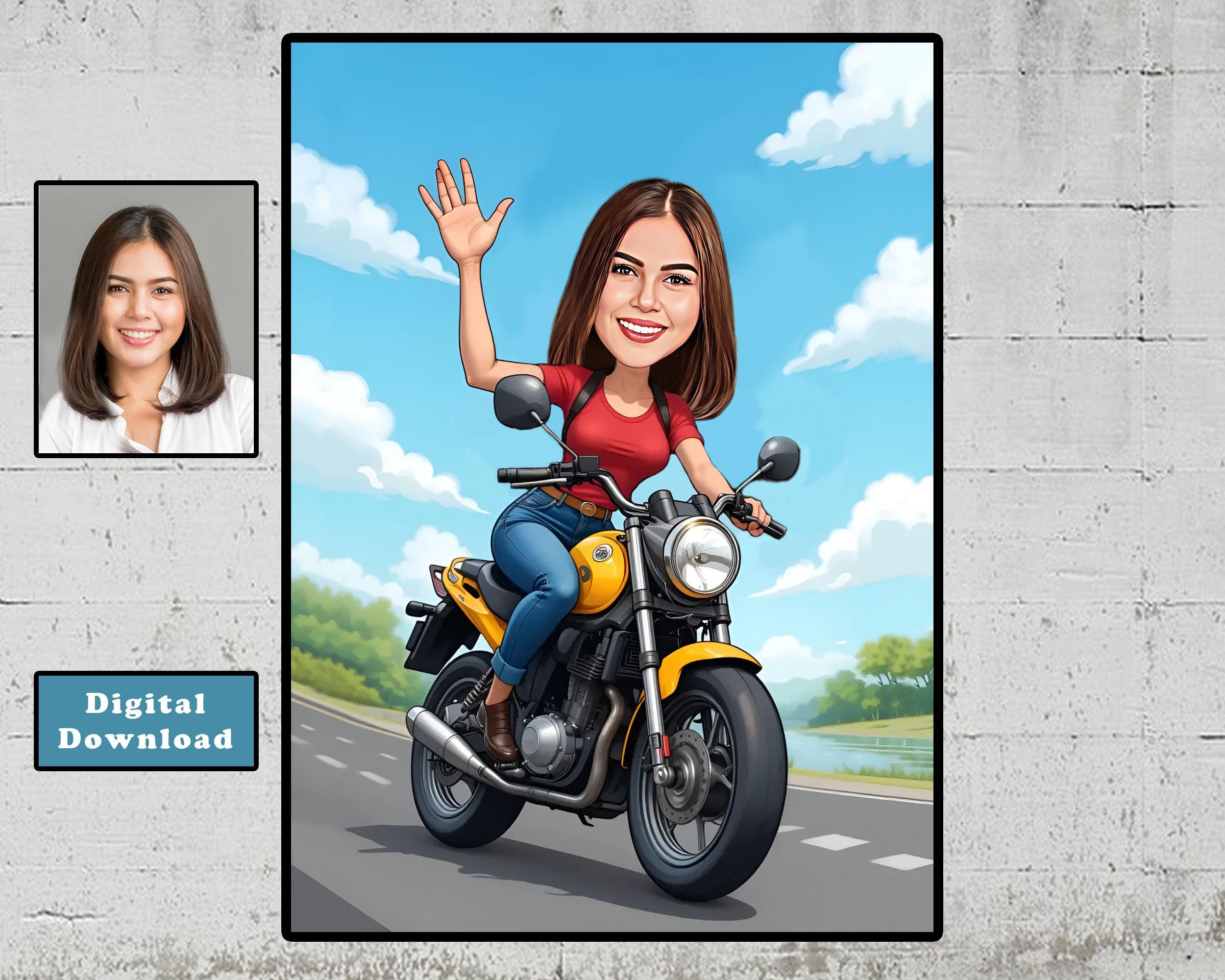 Personalized Woman Biker Cartoon Drawing: Motorcycle Rider Gift (Digital Download)