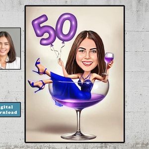 Personalisiertes 50.Karikaturporträt, kundenspezifische alles Gute zum Geburtstagkarikaturzeichnung, lustige Karikatur, Geschenk für sie, glückliches 50., digitaler Download