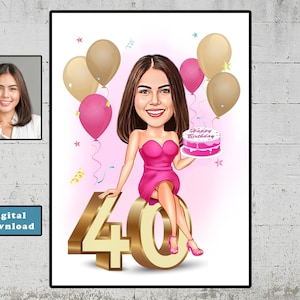 Personalisierte 40. Cartoon Portrait, benutzerdefinierte alles Gute zum Geburtstag Karikaturzeichnung, lustige Karikatur, Geschenk für sie, glücklich 40, digitaler Download