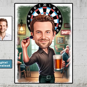 Retrato de desenho animado de jogador de dardos personalizado, caricatura de dardos, presente para amigo, bebedor, pub, cerveja, presente de dardo, presente para ele