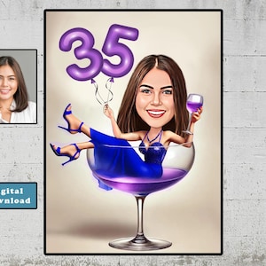Personalisierte 35. Cartoon Portrait, benutzerdefinierte alles Gute zum Geburtstag Karikaturzeichnung, lustige Karikatur, Geschenk für sie, glücklich 35, digitaler Download