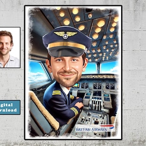 May include: A digital illustration of a person in a pilot's uniform and hat, sitting in the cockpit of an airplane. The person is smiling and looking at the camera. The cockpit is detailed and includes a control panel, a window, and a British Airways logo.
