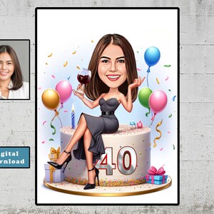 Retrato de caricatura personalizado de 40 años, dibujo de caricatura de feliz cumpleaños personalizado, caricatura divertida, regalo para ella, feliz 40 años, descarga digital
