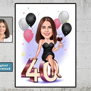 Personalisierte 40. Cartoon Portrait, benutzerdefinierte alles Gute zum Geburtstag Karikaturzeichnung, lustige Karikatur, Geschenk für sie, glücklich 40, digitaler Download
