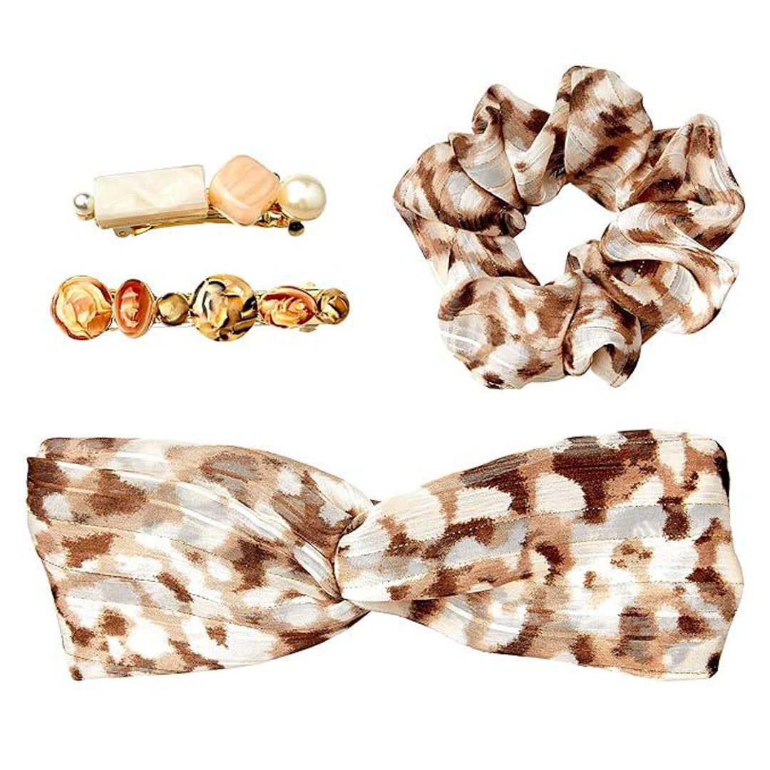 Knotted Headband Scrunchiee, Hair Scrunchie Set-brown Floral  display picture 3