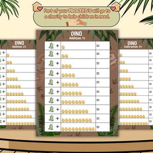 May include: Educational dinosaur-themed math worksheets. The worksheets feature addition and subtraction problems with dinosaur illustrations and the text "DINO". The worksheets are designed to help children learn math.