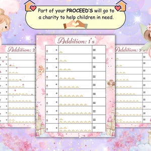 Op de afbeelding: Roze en paarse educatieve werkbladen voor kinderen, met optelsommen en feeënillustraties. De tekst luidt "Addition: 1's", "Addition: 2" en "Addition: 3's". De afbeelding bevat ook de tekst "Part of your PROCEED'S will go to a charity to help children in need."