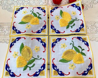 Embroidered Linen Cocktail Napkins, Lemon Summer Table Decor, Italian Citrus Bar