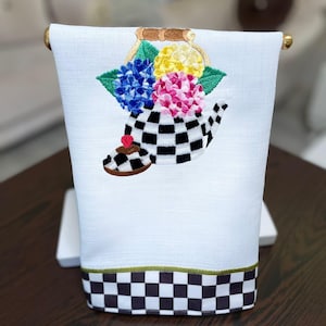 アジサイの刺繍入りリネンタオル、チェッカーボード柄のキッチン装飾、オーブンドアカバー。サイズは特注です。