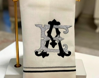 Silver Black Monogram Embroidered Guest Towel, Double Initial Linen Hand Towel, Custom Wedding Gift, Elegant Bathroom Decor