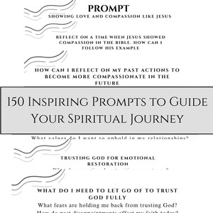 May include: A black and white image with a grey background. The image features a series of wavy lines and text that reads "PROMPT" and "150 INSPIRING PROMPTS TO GUIDE YOUR SPIRITUAL JOURNEY". The text is in a bold, sans-serif font. The image also includes a series of prompts for spiritual reflection, such as "What values do I want to uphold in my relationships?" and "What do I need to let go of to trust God fully?"