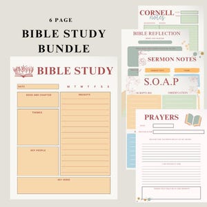 May include: A printable 6-page Bible study bundle with pages for sermon notes, prayers, and reflection. The pages feature floral illustrations and a light peach background.