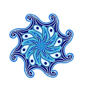 May include: A blue and white mandala with a swirling pattern. The mandala is made up of a series of concentric circles and has a central point.