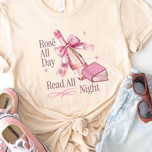 Rose All Day Read All Night Bella and Canvas Lightweight Comfy Tee, Book Club Tee
