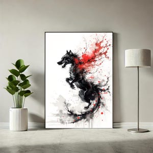 Dark Wolf Ink Art - Wilder schwarzer Wolf Aquarell Druck, Gotische Tier Wandkunst, Werwolf-Dekor, Abstrakte Wilde Geist Malerei, A40
