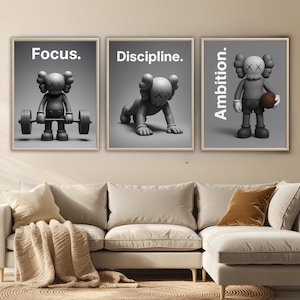 Gym Motivation Art Prints (Set of 3): KAWS-Inspired Fitness Decor (Digital Download)