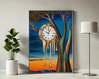 Impressão de relógio surrealista pingando: arte abstrata de pôr do sol sonhador (download digital)