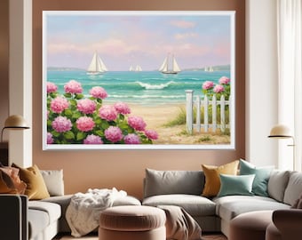 Sailboats and Pink Hydrangeas Seascape Art Print: Nantucket Coastal Decor (Digital Download)