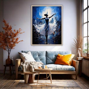 Elegant Ballerina Cityscape Art: Blue Ballet Dancer Painting (Digital Download)