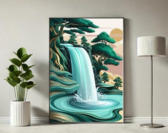 Hokusai Waterfall Print Set: Emerald Green Japanese Landscape (Digital Download)