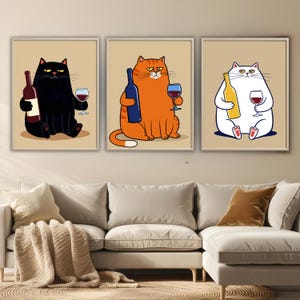 Funny Wine Cat Art Prints (Set of 3) - Humorous Kitchen Bar Decor (Digital Download)
