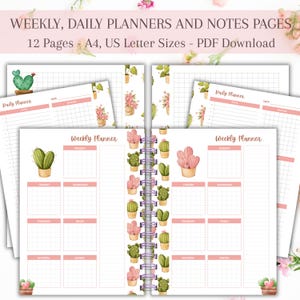 Planificador semanal imprimible, planificador diario, plantillas de notas, insertos para A4, A5 y tamaño carta, papelería imprimible con temática de cactus.