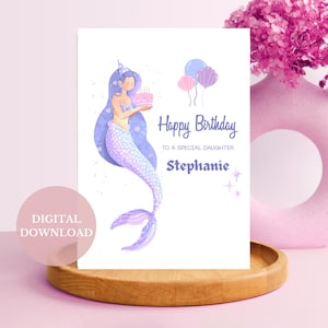 Cartão de Feliz Aniversário Personalizado Cartão de Aniversário Digital para Impressão Cartão de Feliz Aniversário Sereia para Filha Cartão de Feliz Aniversário para Meninas